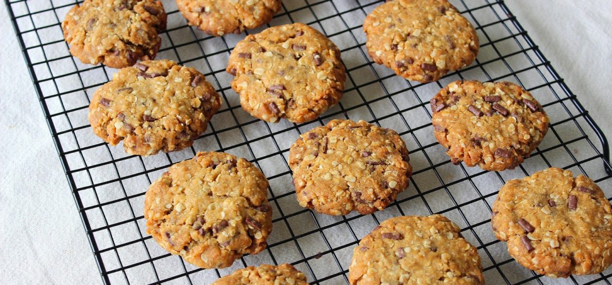 Συνταγή για μπισκότα με βρώμη, σοκολάτα και ινδοκάρυδο. Τραγανά και μαστιχωτά και με την προσθήκη σοκολάτας θα τα λατρέψετε.