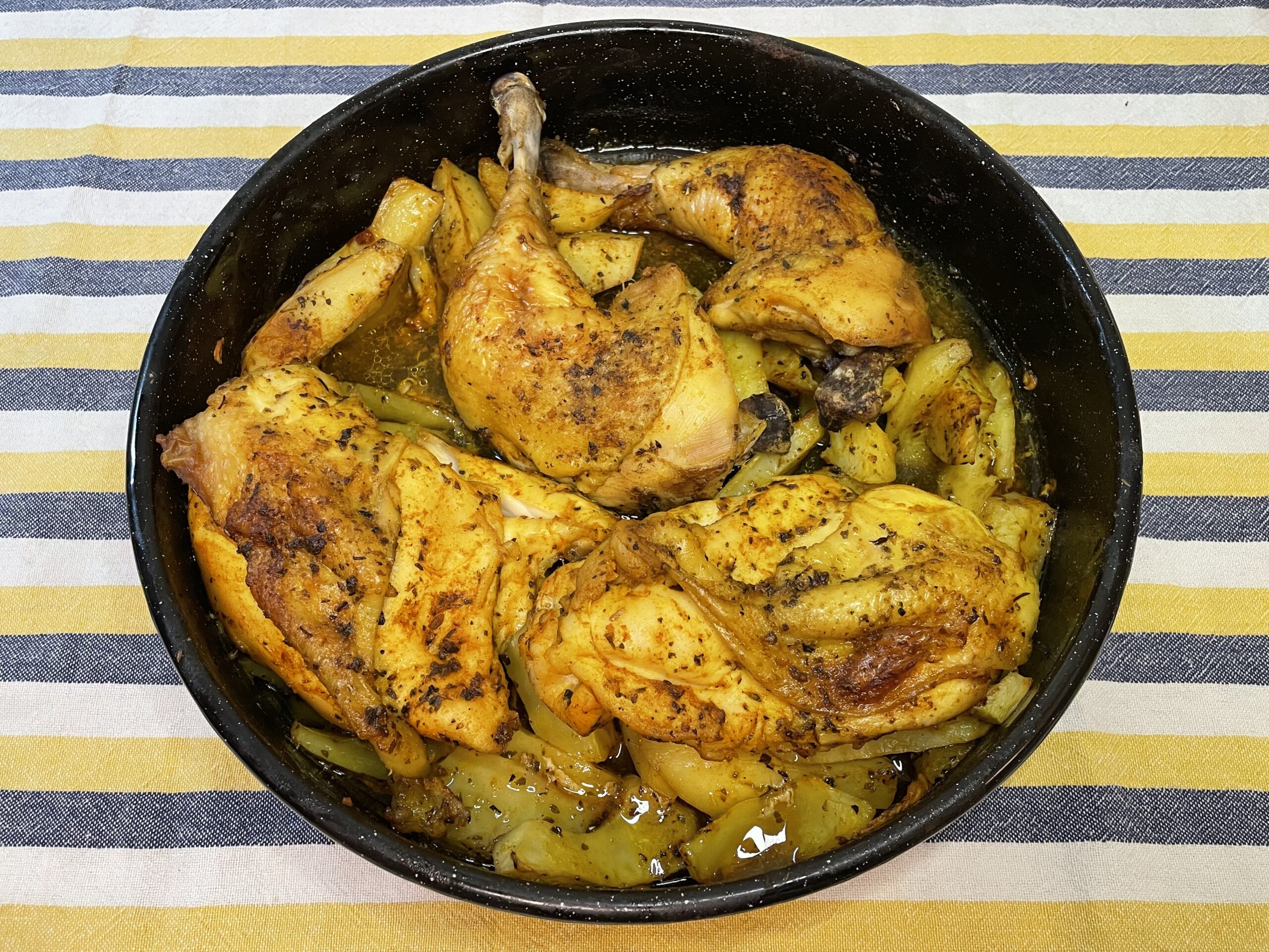 Μια κλασική και αγαπημένη συνταγή για κοτόπουλο με πατάτες στο φούρνο και μπόλικο κόκκινο πιπέρι.