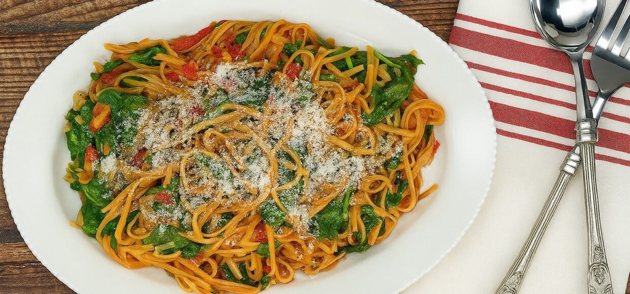 Θες κάτι νόστιμο στα γρήγορα; Δοκίμασε αυτά τα λιγκουίνι με ντομάτα, σπανάκι και παρμεζάνα – απλό, γρήγορο και γεμάτο γεύση!