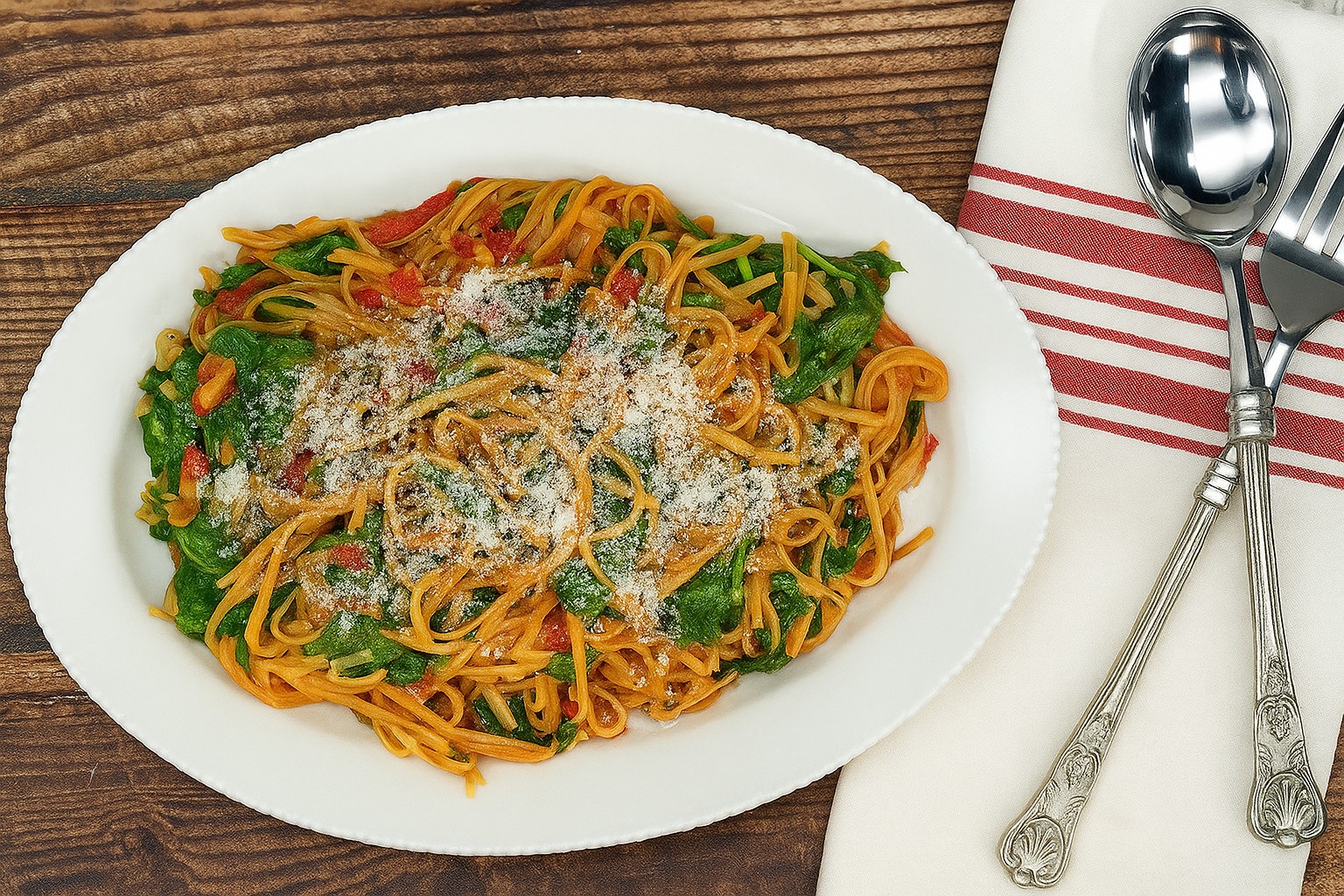 Θες κάτι νόστιμο στα γρήγορα; Δοκίμασε αυτά τα λιγκουίνι με ντομάτα, σπανάκι και παρμεζάνα – απλό, γρήγορο και γεμάτο γεύση!